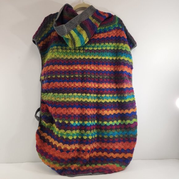 Hand Knit Rainbow Striped Hooded Poncho Unisex Hippie Colorful Yarn - Picture 8 of 14